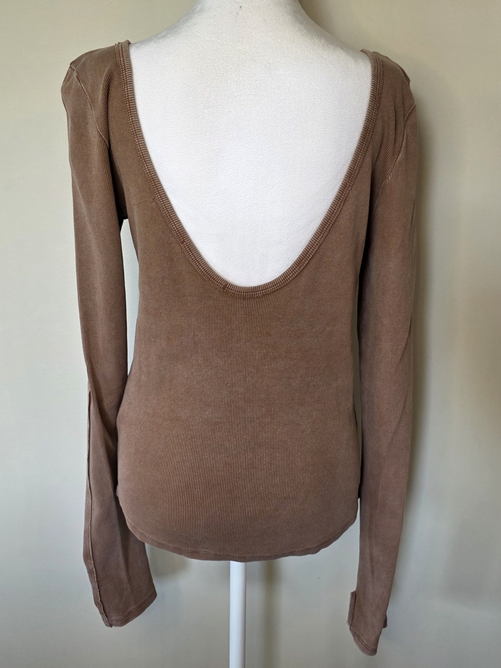 Free People We The Free Brown Ribbed Low Back Long Sleeve Top Boho Size Xl - Picture 5 of 6